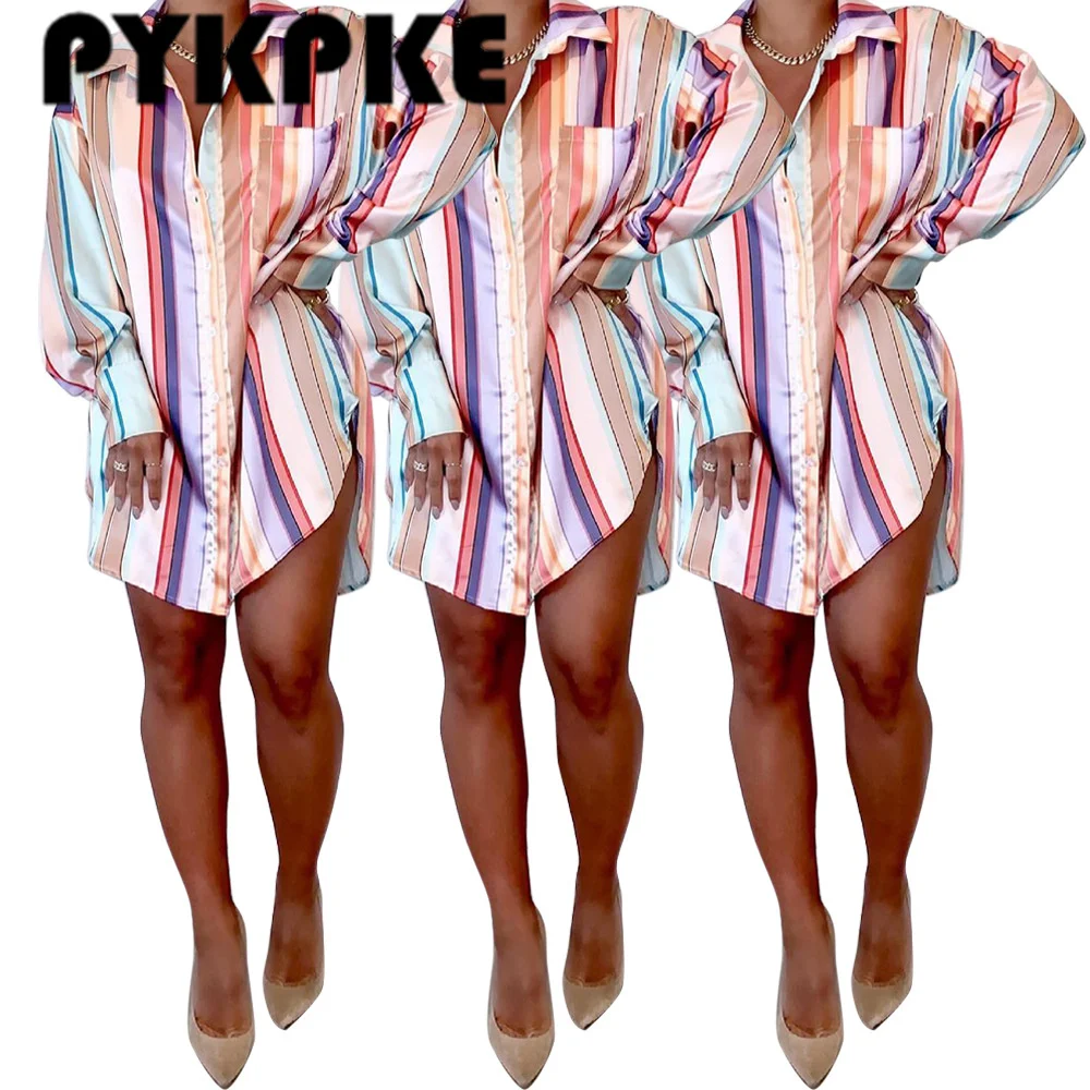Women Mini Dress Long Sleeve Striped Turn-down Single Breasted Loose Shirt Dresses Fashion Casual Vestidos Autumn
Women Mini Dress Long Sleeve Striped Turn-down Single Breasted Loose Shirt Dresses Fashion Casual Vestidos Autumn