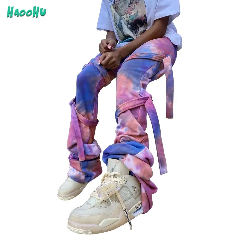 

HAOOHU Fashion Sweatpants Stacked Clothing Flare Streetwear Dye Bandage Trousers Pants Tie High Autumn Waisted Jogger Winter