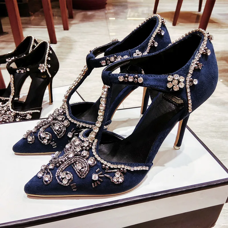 Bling Rhinestone T-Strap Pointed Toe Pumps Stiletto Heel yellow blue black suede Crystal Beadings Wedding Shoes Banquet Heels
Bling Rhinestone T-Strap Pointed Toe Pumps Stiletto Heel yellow blue black suede Crystal Beadings Wedding Shoes Banquet Heels