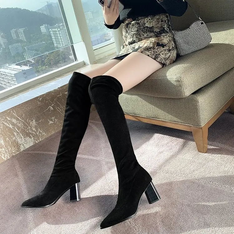 

New Women's Top Resiliency Pu Leather Over The Knee Boots Slip on Thick High Heel Platform Thigh Boots Ladies Fashion Shoes
