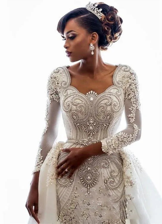 Luxury Dubai Arabic Mermaid Wedding Dresses Long Sleeves Beaded Pearls Bridal Gowns with Detachable Train Vestido De Mariage
Luxury Dubai Arabic Mermaid Wedding Dresses Long Sleeves Beaded Pearls Bridal Gowns with Detachable Train Vestido De Mariage