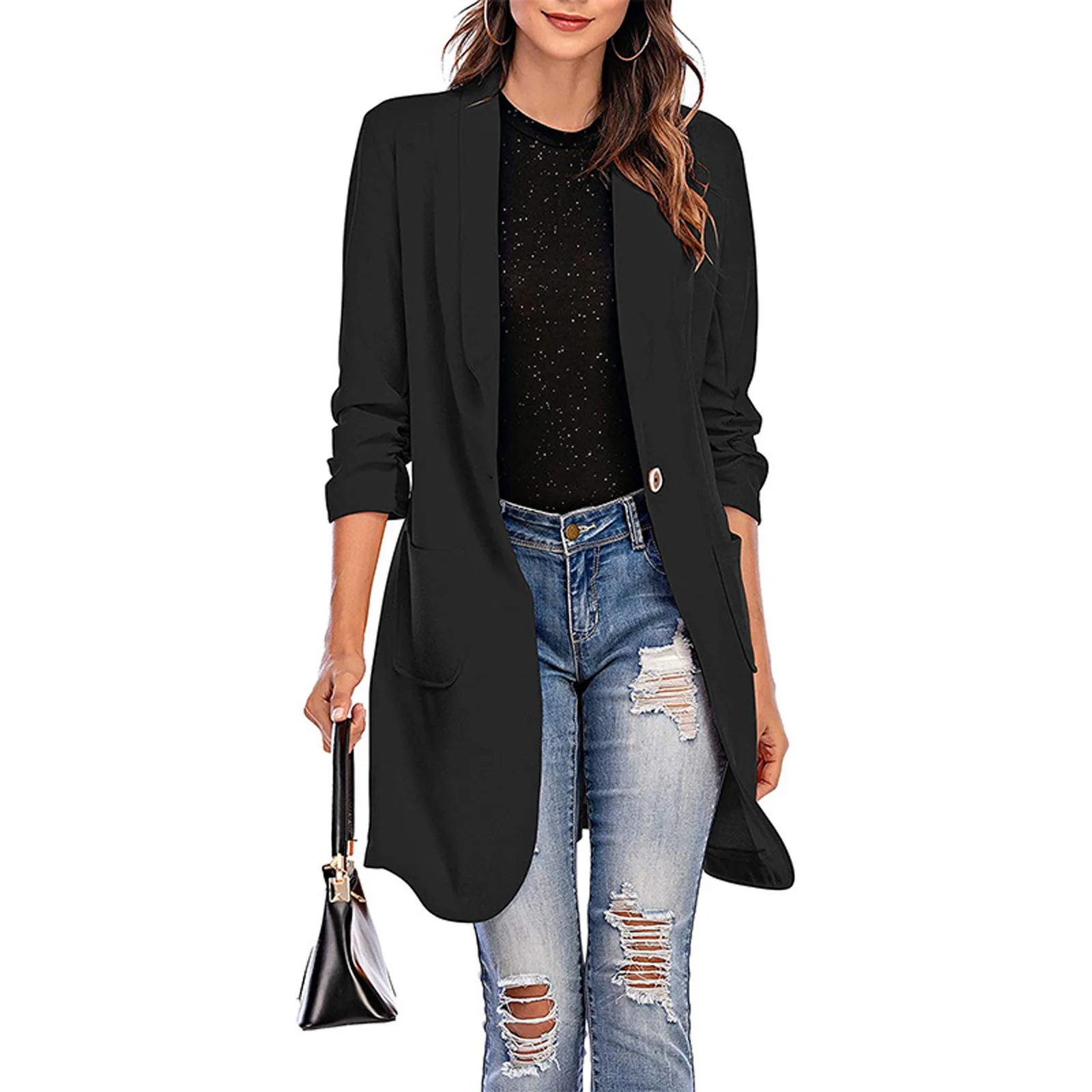 New Fashion Blazer Coat Women's Solid Color 3/4 Sleeve Mid-length One Button Pocket Suit Coat Office Ladies Slim-fit Work Coats
New Fashion Blazer Coat Women's Solid Color 3/4 Sleeve Mid-length One Button Pocket Suit Coat Office Ladies Slim-fit Work Coats