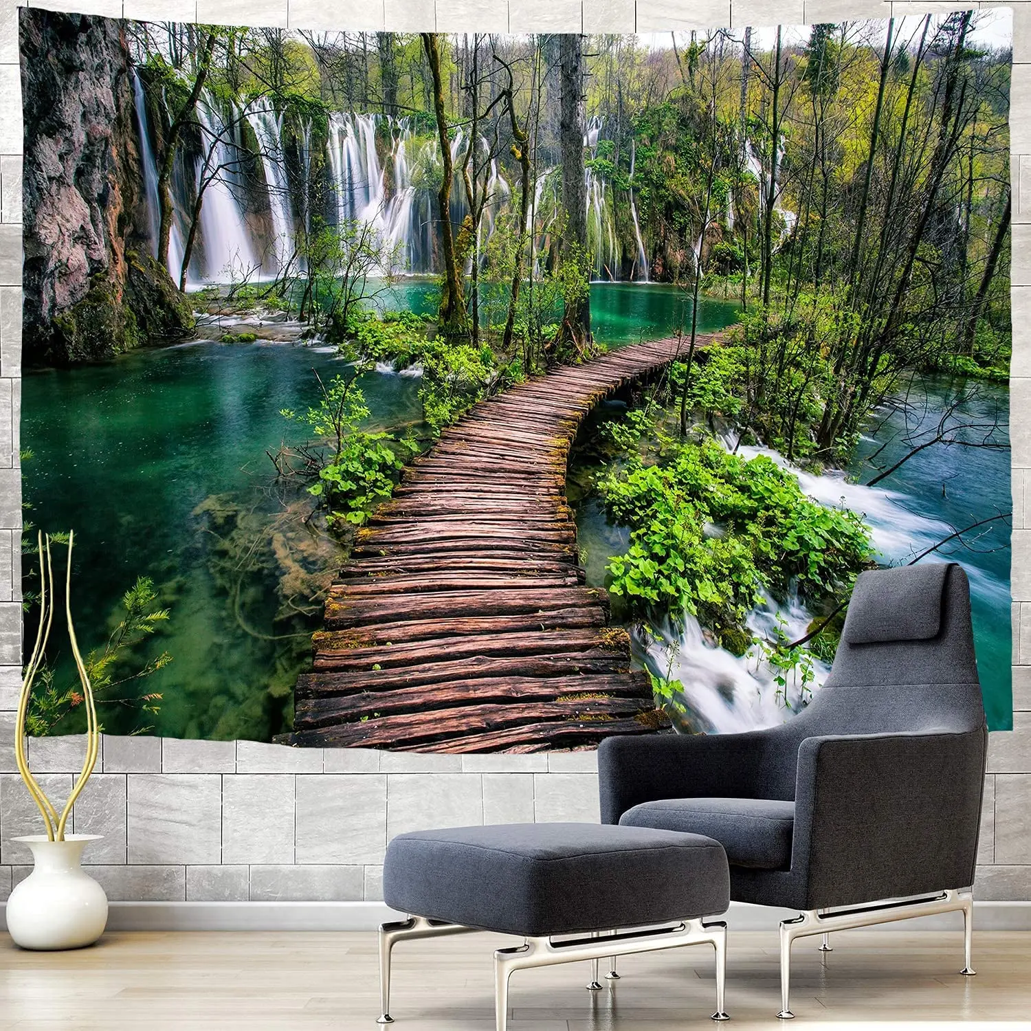 

Green Rainforest Waterfall River Wooden Bridge Wall Hanging Tapestry for Living Room Bedroom Dorm Home Decor Tapestries Blanket