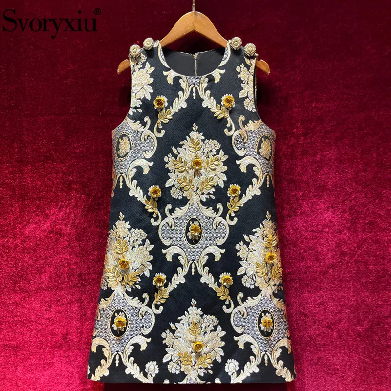 Svoryxiu Vintage luxury Gold Line Flower Jacquard Applique Black Mini Dress Women's Designer Autumn Fashion Party Tank Dresses
Svoryxiu Vintage luxury Gold Line Flower Jacquard Applique Black Mini Dress Women's Designer Autumn Fashion Party Tank Dresses