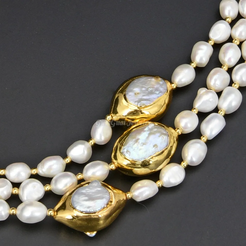 

GG Jewelry 3 Strands 18''-21'' White Baroque Pearl 24 K Golden Plated Keshi Pearl Necklace