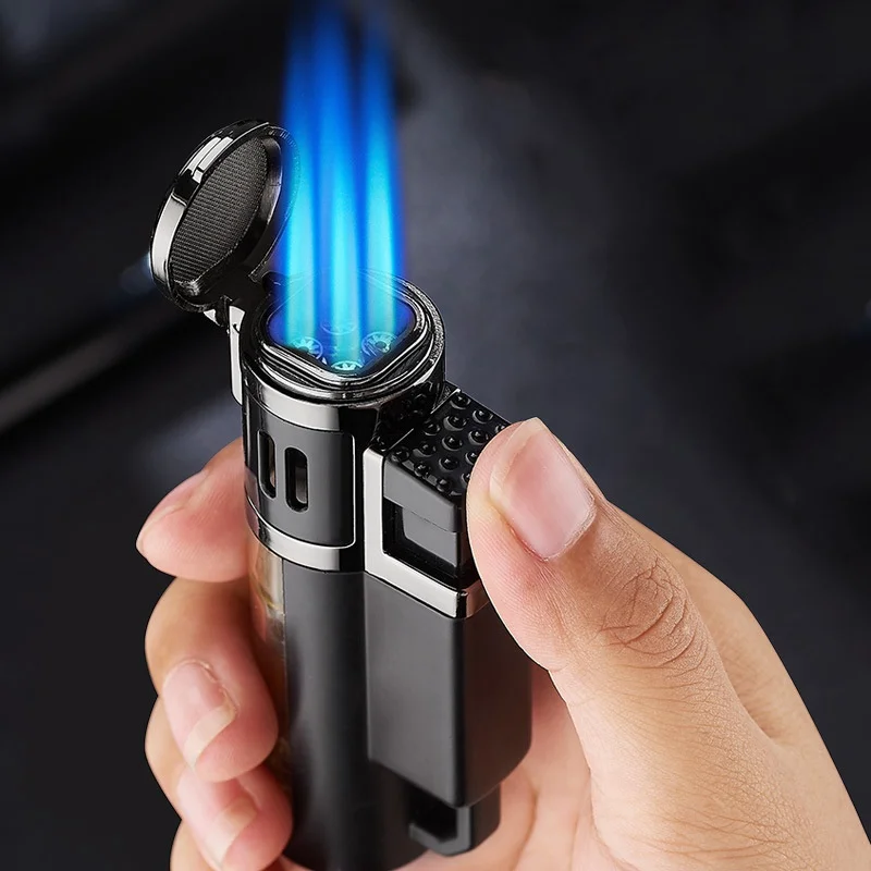 Cigar Butane Lighters Visible Gas Window Jet Torch Metal Lighters Four Flame Spray Gun Windproof Lighters Firepower Fierce 
Cigar Butane Lighters Visible Gas Window Jet Torch Metal Lighters Four Flame Spray Gun Windproof Lighters Firepower Fierce