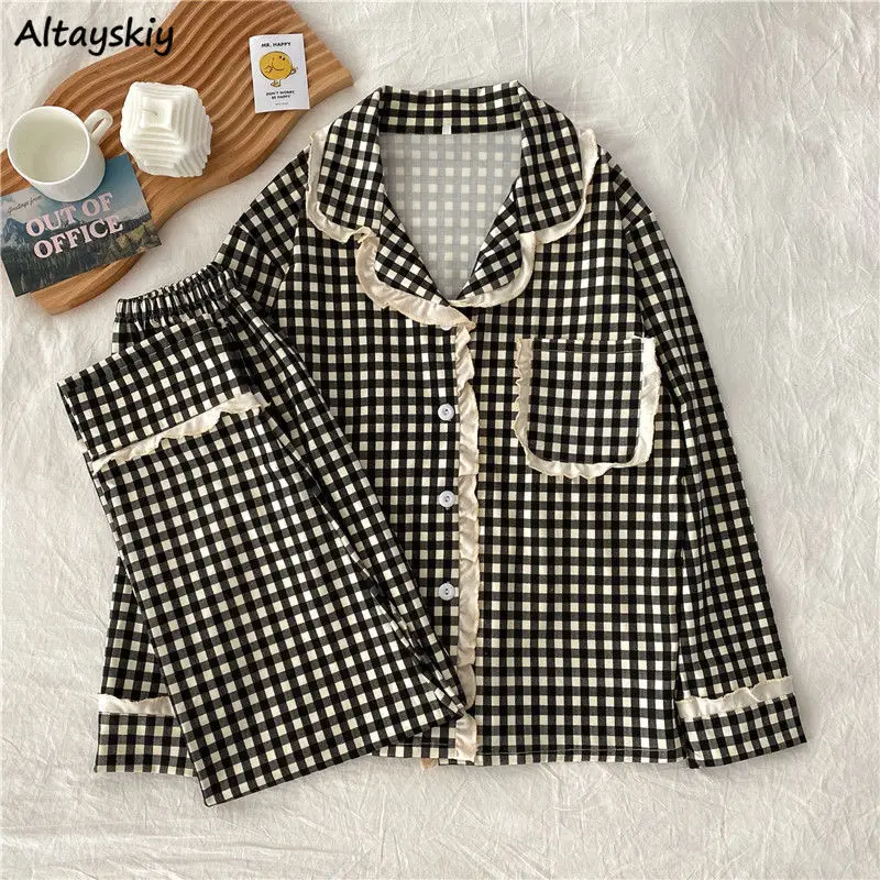 Pajama Set Women Plaid Long Sleeve Sleepwear Pocket Full-length Trousers Kawaii Japanese Style Two Piece Spring Homewear Loose
Pajama Set Women Plaid Long Sleeve Sleepwear Pocket Full-length Trousers Kawaii Japanese Style Two Piece Spring Homewear Loose