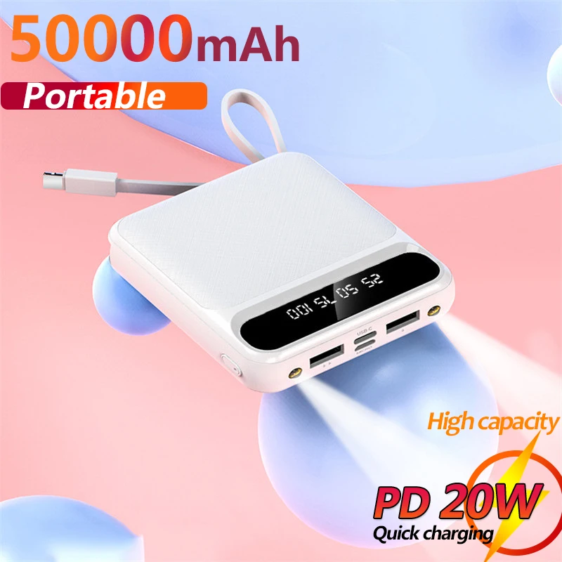 Mini Power Bank 50000mAh with Digital Display Fast Charger Built-in Charging Cable Portable External Battery for Xiaomi IPhone
Mini Power Bank 50000mAh with Digital Display Fast Charger Built-in Charging Cable Portable External Battery for Xiaomi IPhone