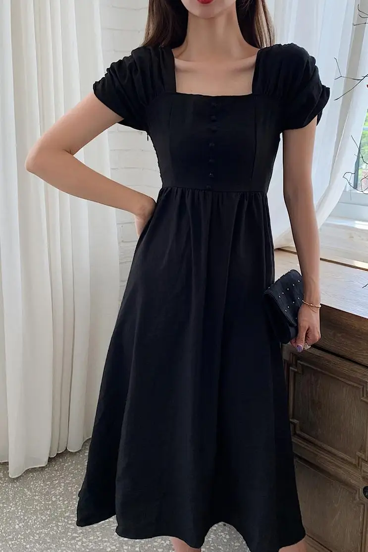 COIGARSAM French Style Women dress Summer Vintage Square Collar High Waist Dresses Black 6250
COIGARSAM French Style Women dress Summer Vintage Square Collar High Waist Dresses Black 6250