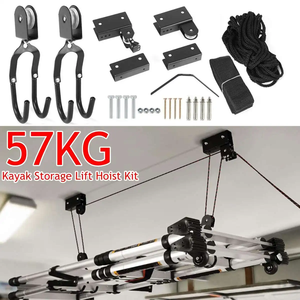 57KG Kayak Hoist Canoe Boat Bike Ladder Lift Pulley System Garage Ceiling Storage Rack Capacity Max Load 57KG New With 16M Rope
57KG Kayak Hoist Canoe Boat Bike Ladder Lift Pulley System Garage Ceiling Storage Rack Capacity Max Load 57KG New With 16M Rope