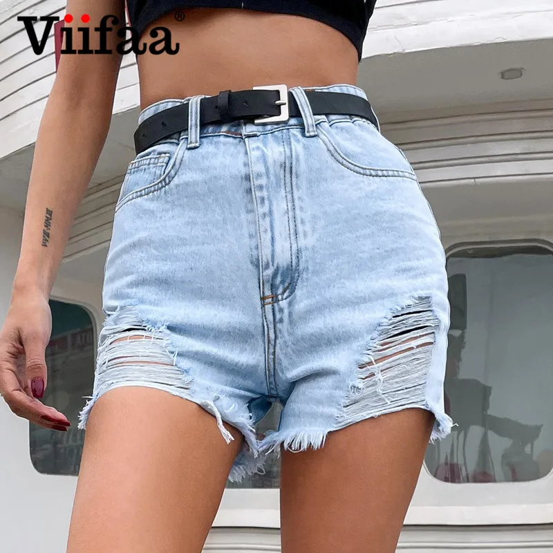 

Viifaa Light Blue High Waist Ripped Denim Shorts 2021 Summer Streetwear Women Frayed Hem Hole Fashion Jeans Shorts with Belt