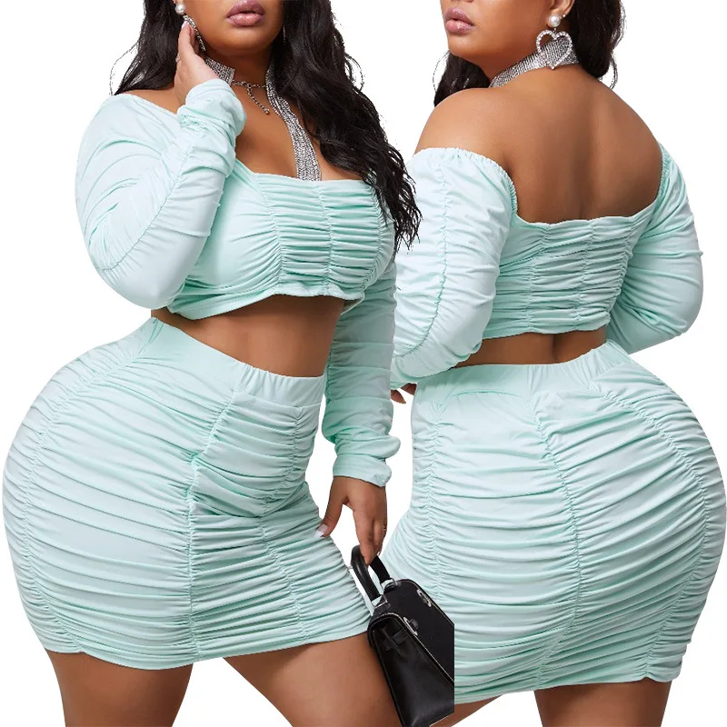 Tight crop top sexy pleated neckline elastic band hip blue mini skirt plus size fashion set two piece outfits for women
Tight crop top sexy pleated neckline elastic band hip blue mini skirt plus size fashion set two piece outfits for women