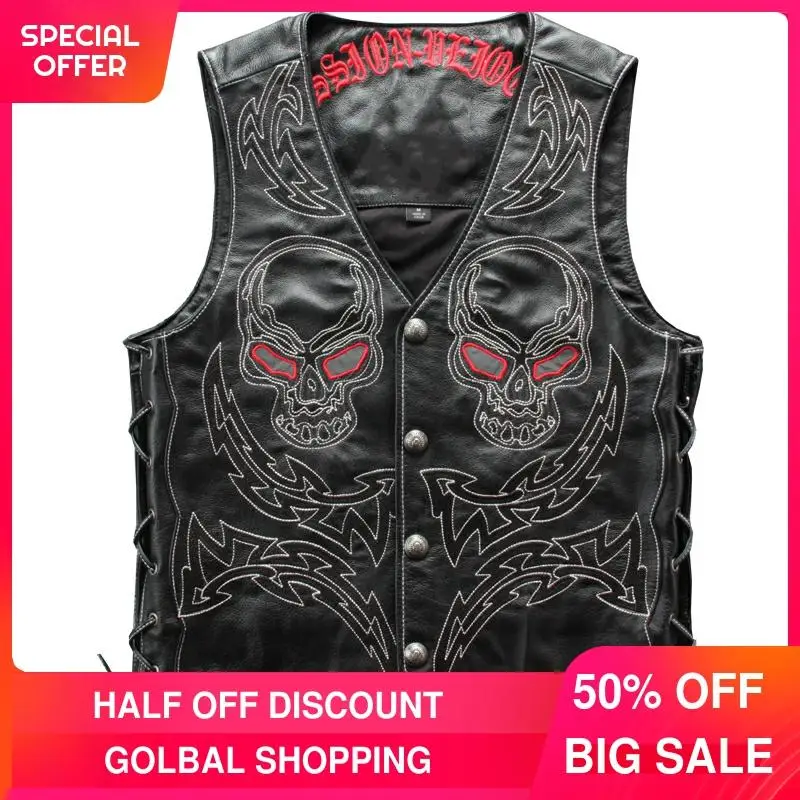 2021 Vintage Black Skulls Embroidery Motorcycle Style Genuine Leather Vest Men Plus Size 5XL Slim Fit Short Cowhide Riding Coat
2021 Vintage Black Skulls Embroidery Motorcycle Style Genuine Leather Vest Men Plus Size 5XL Slim Fit Short Cowhide Riding Coat