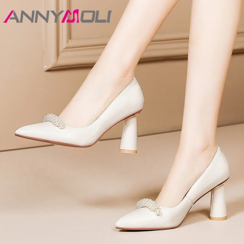 ANNYMOLI Real Leather High Heels Women Shoes Sheepskin Block Heel Pumps Pearl Pointed Toe Female Footwear Spring Beige Size 43
ANNYMOLI Real Leather High Heels Women Shoes Sheepskin Block Heel Pumps Pearl Pointed Toe Female Footwear Spring Beige Size 43