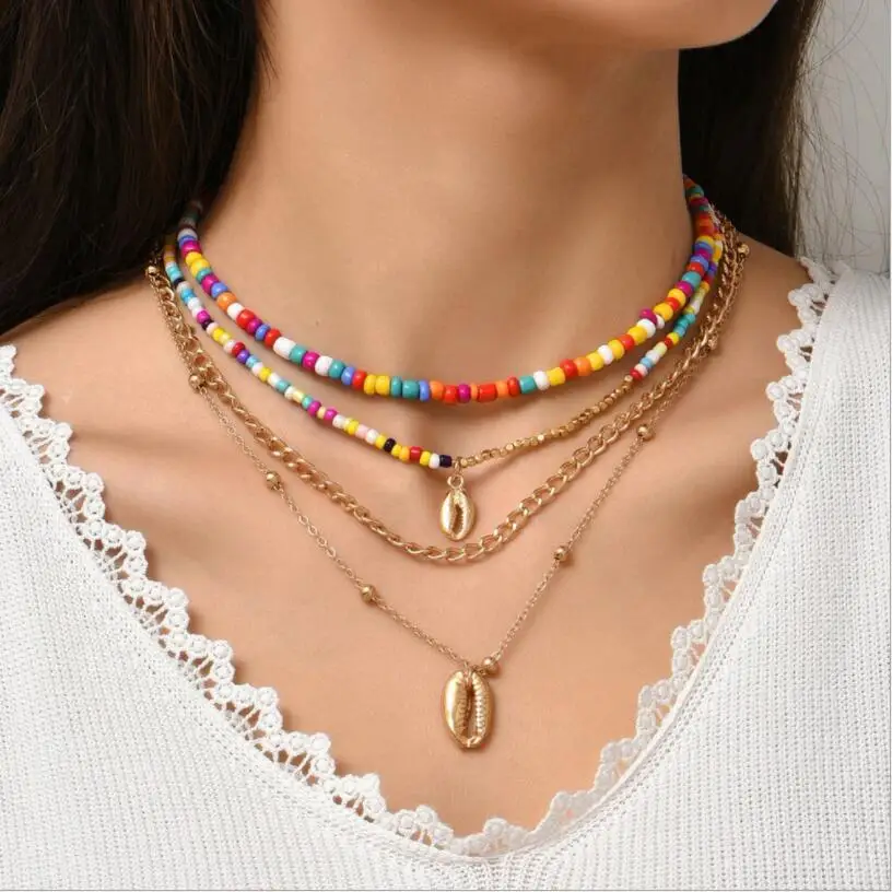 

Bohemian Colorful Seed Bead Shell Choker Statement layer Collar Clavicle Chain Necklace for Women Female Boho Jewelry S2215