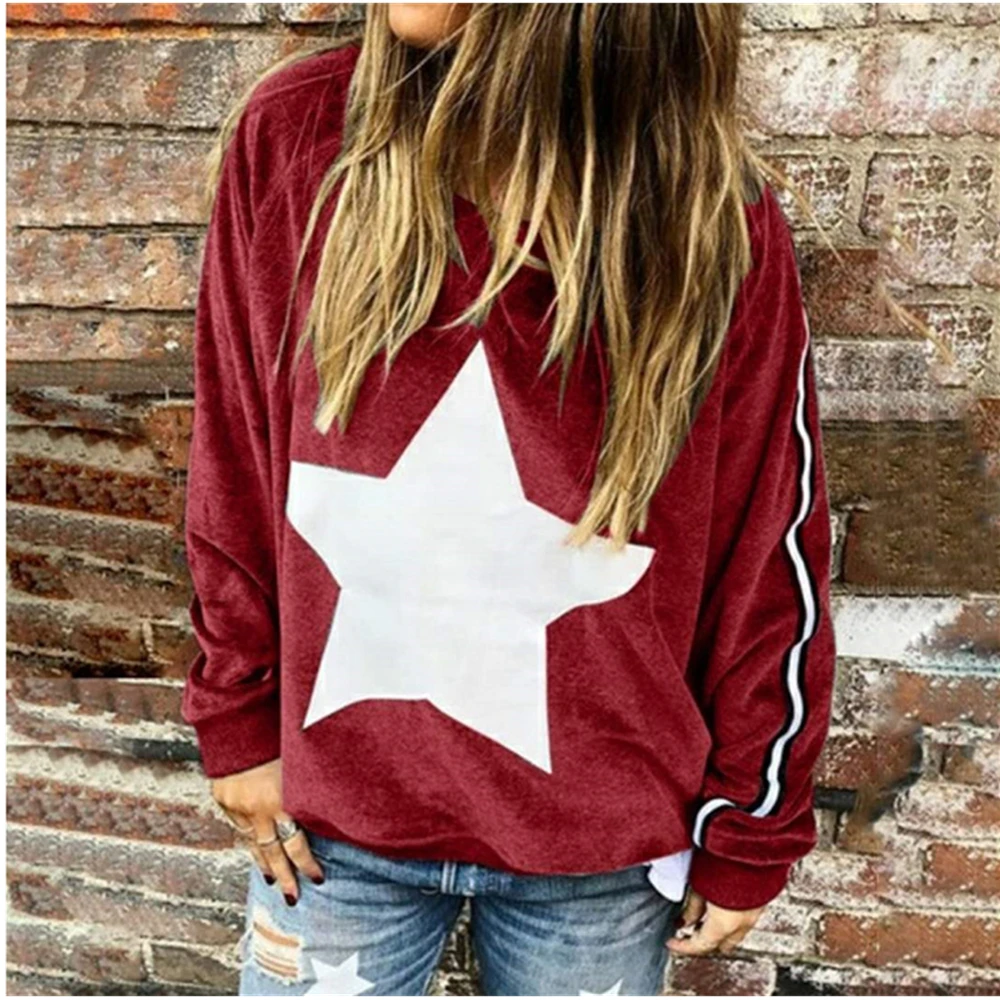 2021 European and American new star pattern round neck loose casual fashion long-sleeved ladies T-shirt sweater
2021 European and American new star pattern round neck loose casual fashion long-sleeved ladies T-shirt sweater
