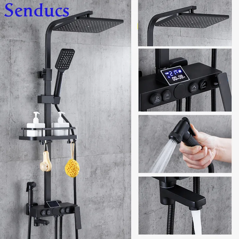 Intelligent Thermostatic Black Digital Bathroom Shower System 4 Functions Freely Switch with Air Pressurization Technology set
Intelligent Thermostatic Black Digital Bathroom Shower System 4 Functions Freely Switch with Air Pressurization Technology set