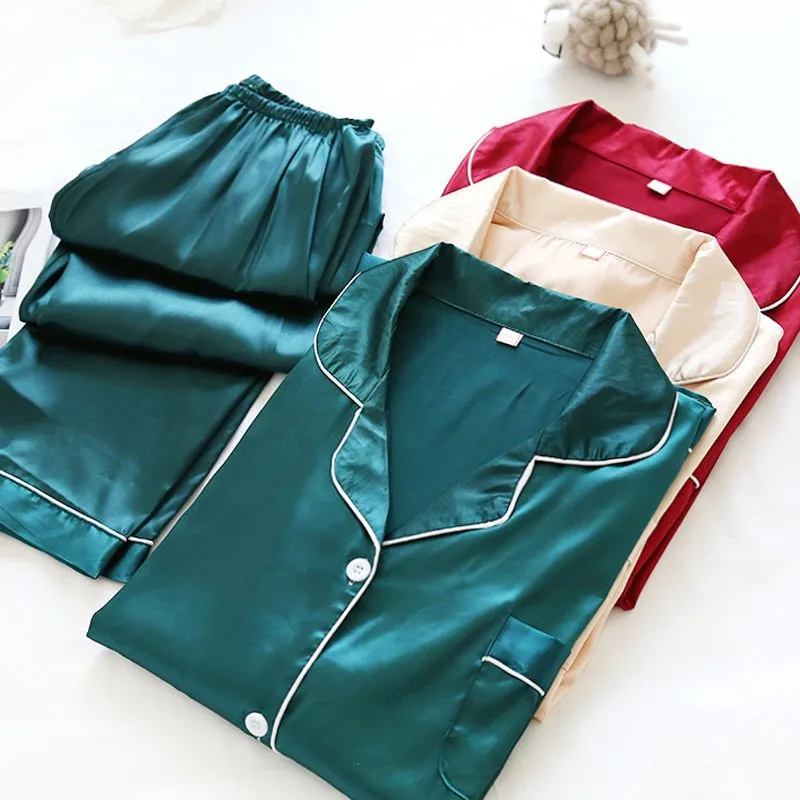 2PCS Pajamas Set Women Satin Sleepwear Nightgown Loose Long Sleeve Pijamas Lapel Sleep Set Autumn New T-shirts&Shorts Home Wear
2PCS Pajamas Set Women Satin Sleepwear Nightgown Loose Long Sleeve Pijamas Lapel Sleep Set Autumn New T-shirts&Shorts Home Wear