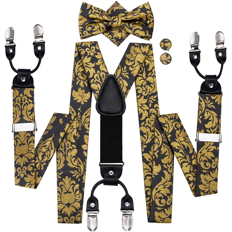 Hi-Tie Luxury Vintage Fashion Wedding Suspenders and Bow Tie for Men Leather Metal 6 Clips Silk Black Gold Floral Braces Men
Hi-Tie Luxury Vintage Fashion Wedding Suspenders and Bow Tie for Men Leather Metal 6 Clips Silk Black Gold Floral Braces Men