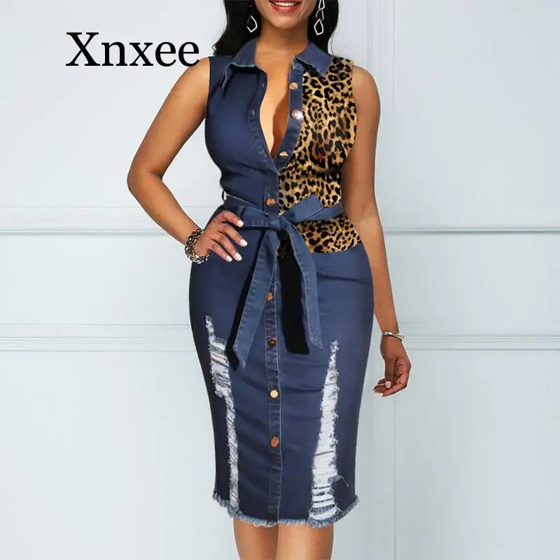 Leopard Patchwork Denim Midi Dress Women Sleeveless Turn Down Collar Office Lady Pencil Dresses Female Spring Summer Jeans Dress
Leopard Patchwork Denim Midi Dress Women Sleeveless Turn Down Collar Office Lady Pencil Dresses Female Spring Summer Jeans Dress