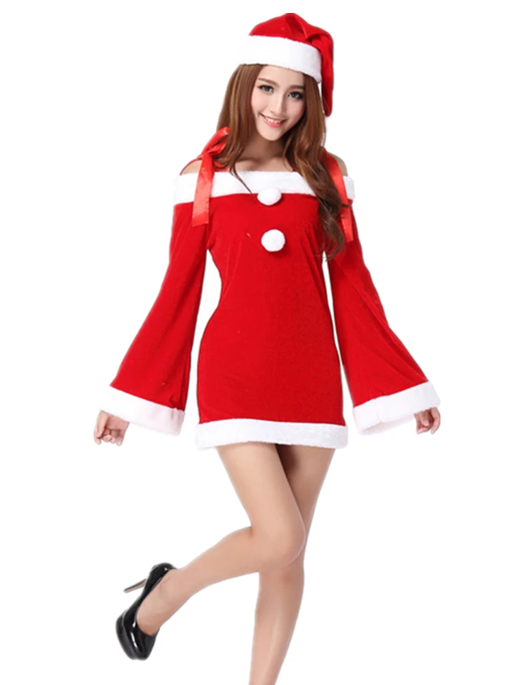 Модный новый Рождественский костюм сексуальный с открытыми плечами платье для