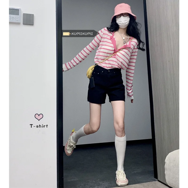 Pink Stripe Thin Shirt Knit Bottom Women's Early Autumn Loose Long Sleeve Sunscreen T-shirt
Pink Stripe Thin Shirt Knit Bottom Women's Early Autumn Loose Long Sleeve Sunscreen T-shirt