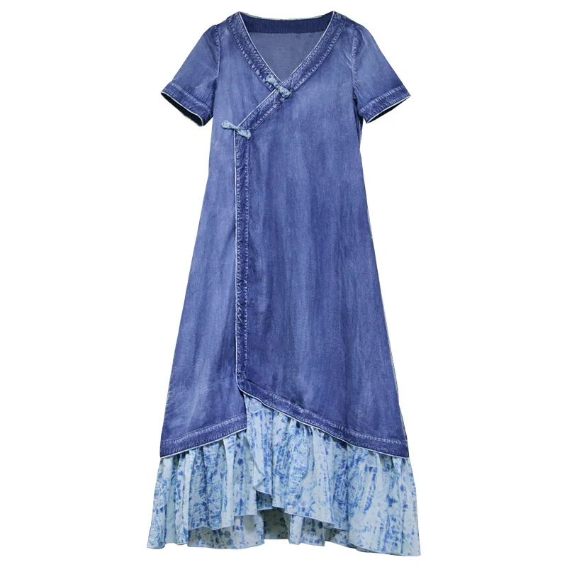 2021 Women Summer Ruffle Splice Denim Chinese Style Cheongsam Short Sleeve Dress Female Vintage Casual Thin Jeans Dress
2021 Women Summer Ruffle Splice Denim Chinese Style Cheongsam Short Sleeve Dress Female Vintage Casual Thin Jeans Dress