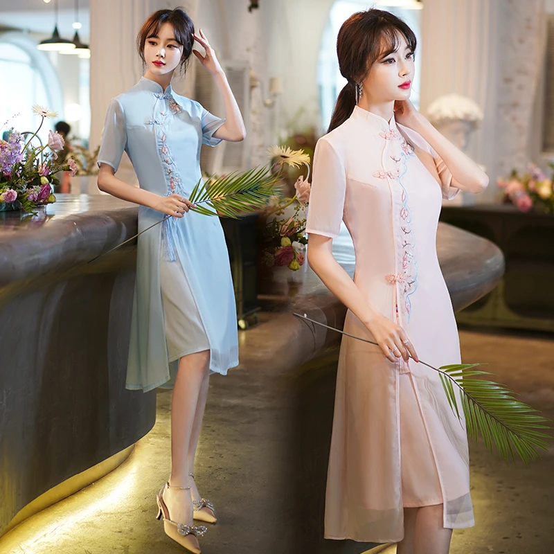 

embroidery cheongsam plus size M-5XL dress fat XXL XXXL 3XL XXXXL 4XL 100KG woman ladies wear party slim Chinese dress for women