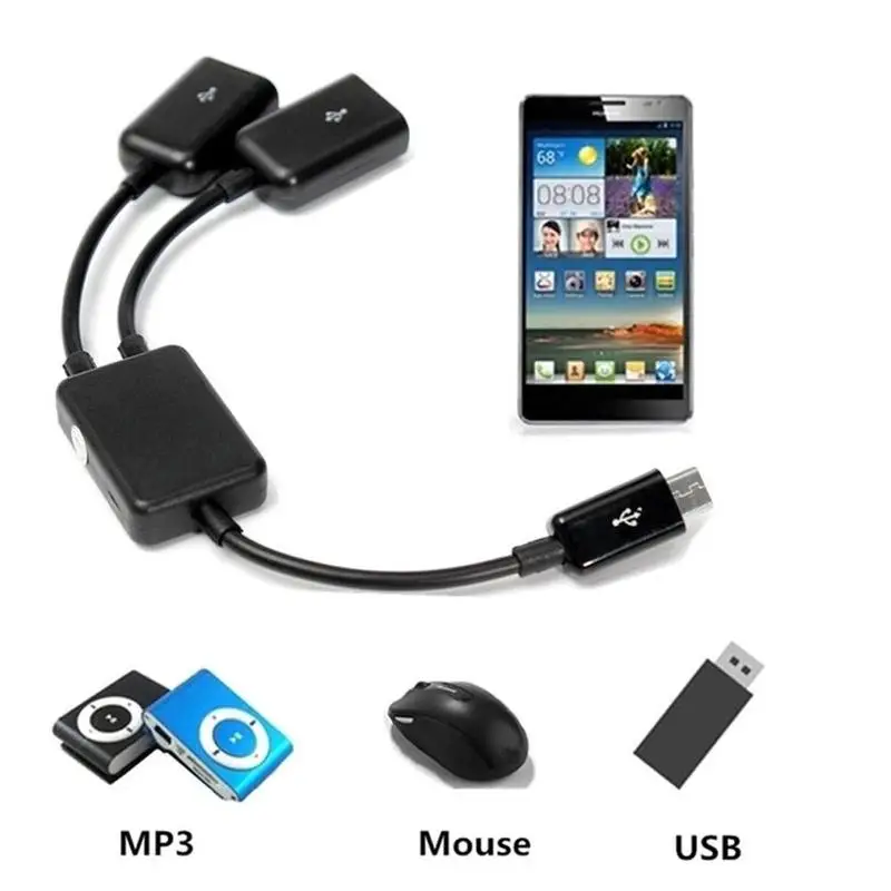 

1Pcs 2in1 Micro USB Dual Host OTG Charge Hub Y Splitter Adapter Cable Tablet Black Data Cable For Android Smartphones Supply Hot