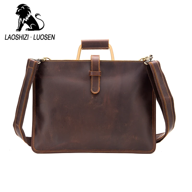 

LAOSHIZI Luxury Crazy Horse Leather Slim Messenger Bag Genuine Leather Shoulder Bag For Men Leather Briefcase