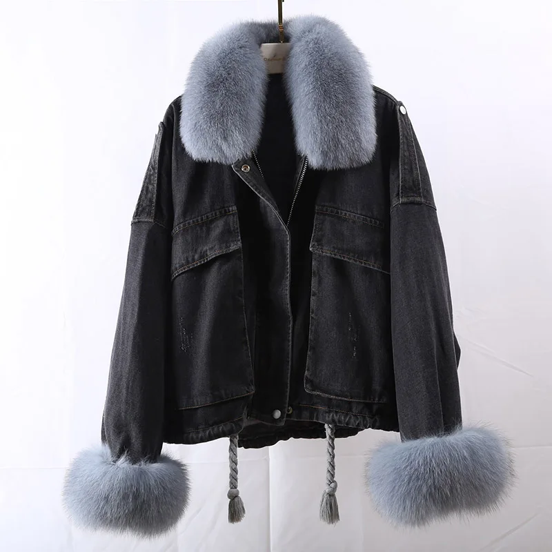 

2022 Winter Denim Fur Coat Natural Fox Fur Collar Rex Rabbit Fur Iiner Jacket New Fashion Parka Thick Warm Real Fur Coat