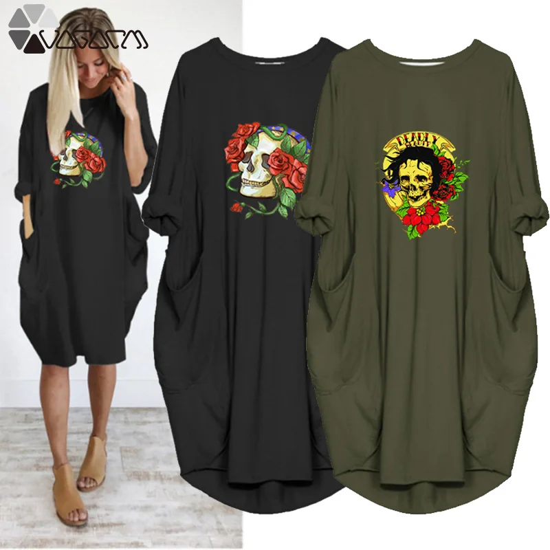 Lady Midi Dresses Skull Print Long Sleeve O Neck Autumn Party Club Loose Vintage Streetwear Vestidos Robe Femme
Lady Midi Dresses Skull Print Long Sleeve O Neck Autumn Party Club Loose Vintage Streetwear Vestidos Robe Femme