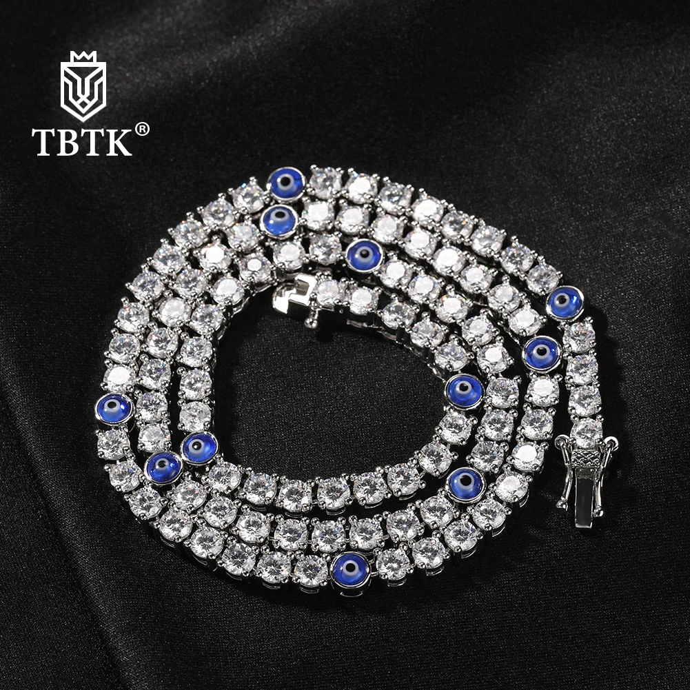 

TBTK 4mm Turkish Blue Red Eyes Tennis Chain Iced Out AAA Cubic Zircon Luxury Choker Necklace Men Women Gift Hiphop Jewelry