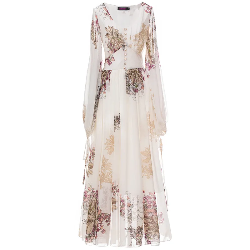Spring New Chiffon Ultra Long Dress Women Feminine Prints Bowknot Lantern Sleeve V-neck Pleated Dress 
Spring New Chiffon Ultra Long Dress Women Feminine Prints Bowknot Lantern Sleeve V-neck Pleated Dress