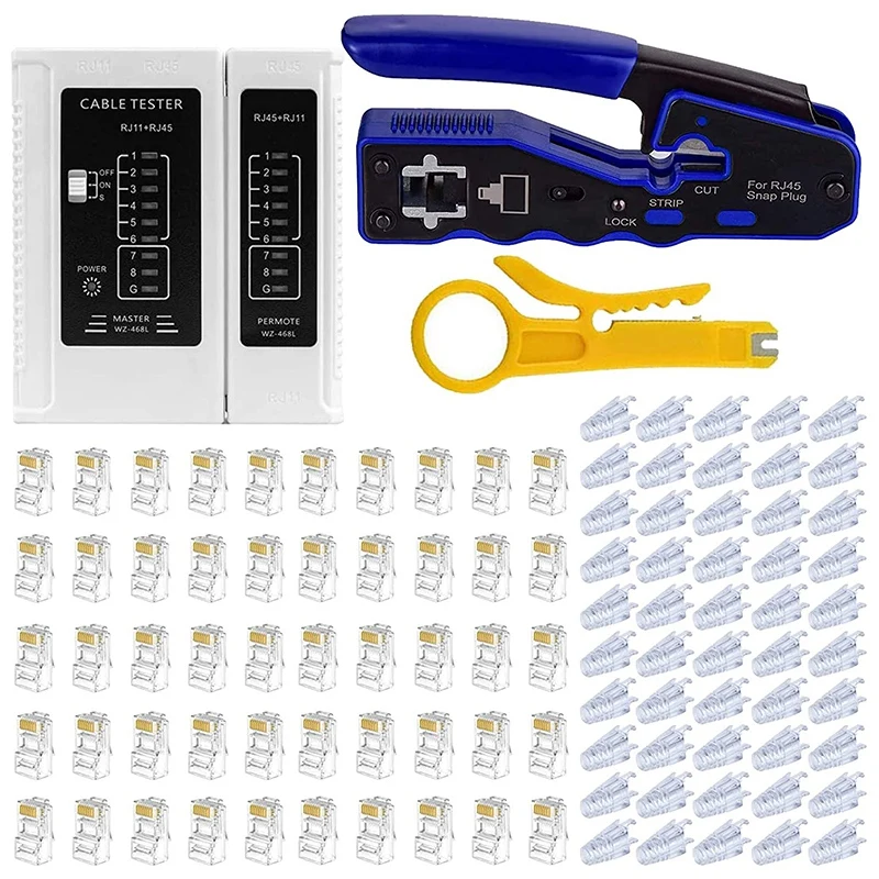 RJ45 Crimp Tool Cable Tester Kit,All-In-One Stripper Cutter Crimper Tool for RJ45 Cat6 Cat5 Pass-Thru Connectors
RJ45 Crimp Tool Cable Tester Kit,All-In-One Stripper Cutter Crimper Tool for RJ45 Cat6 Cat5 Pass-Thru Connectors