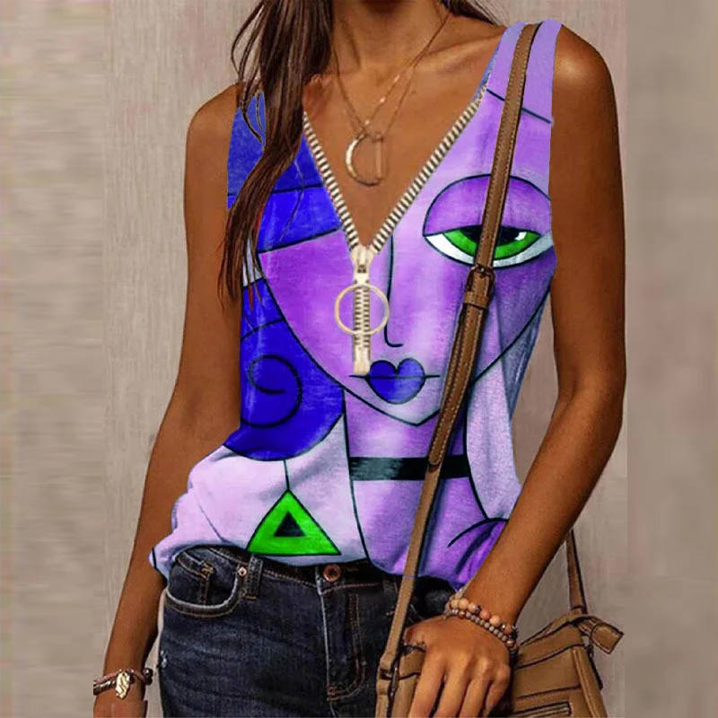 Vintage Sleeveless Harajuku Tee Shirt Fashion Cartoon Face Print Women Vest Tops Casual Summer Zipper V Neck T-Shirts Streetwear 
Vintage Sleeveless Harajuku Tee Shirt Fashion Cartoon Face Print Women Vest Tops Casual Summer Zipper V Neck T-Shirts Streetwear