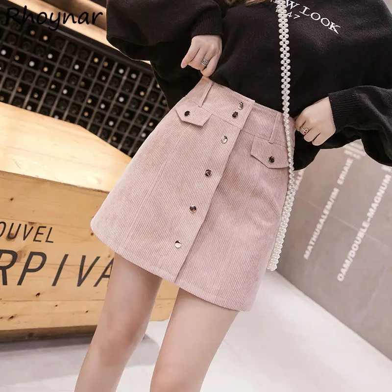 

Skirts Women Sweet All-match Mini Cozy Daily Leisure Chic Autumn Buttons Design Teenager Tender Fashion High Waist Vintage Solid