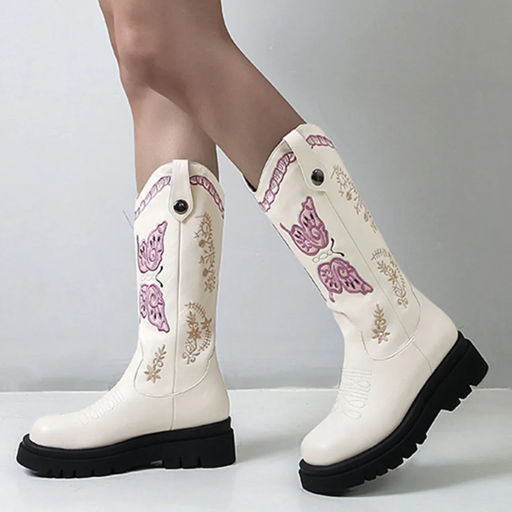 

Dropship Female Western Boots Slip-On Med Heel Flower 2021 Autumn Fashion Cowgirl Retro Women Knee High Boots Walking Comfy