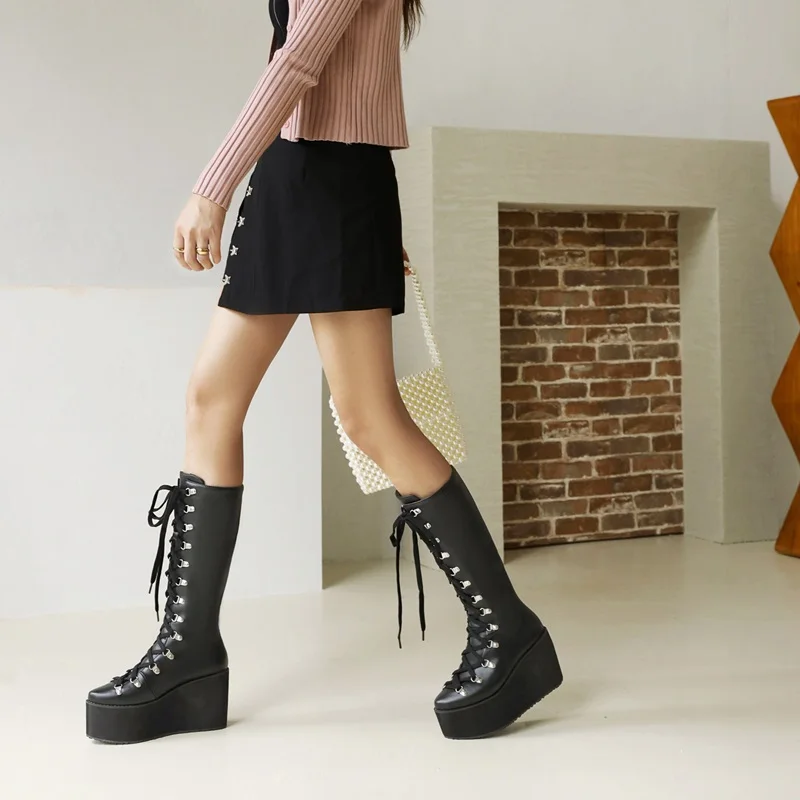 punk style autumn winter boots microfiber cross strap shoes woman mid calf boots wedge high heels thick platform knee high boots
punk style autumn winter boots microfiber cross strap shoes woman mid calf boots wedge high heels thick platform knee high boots