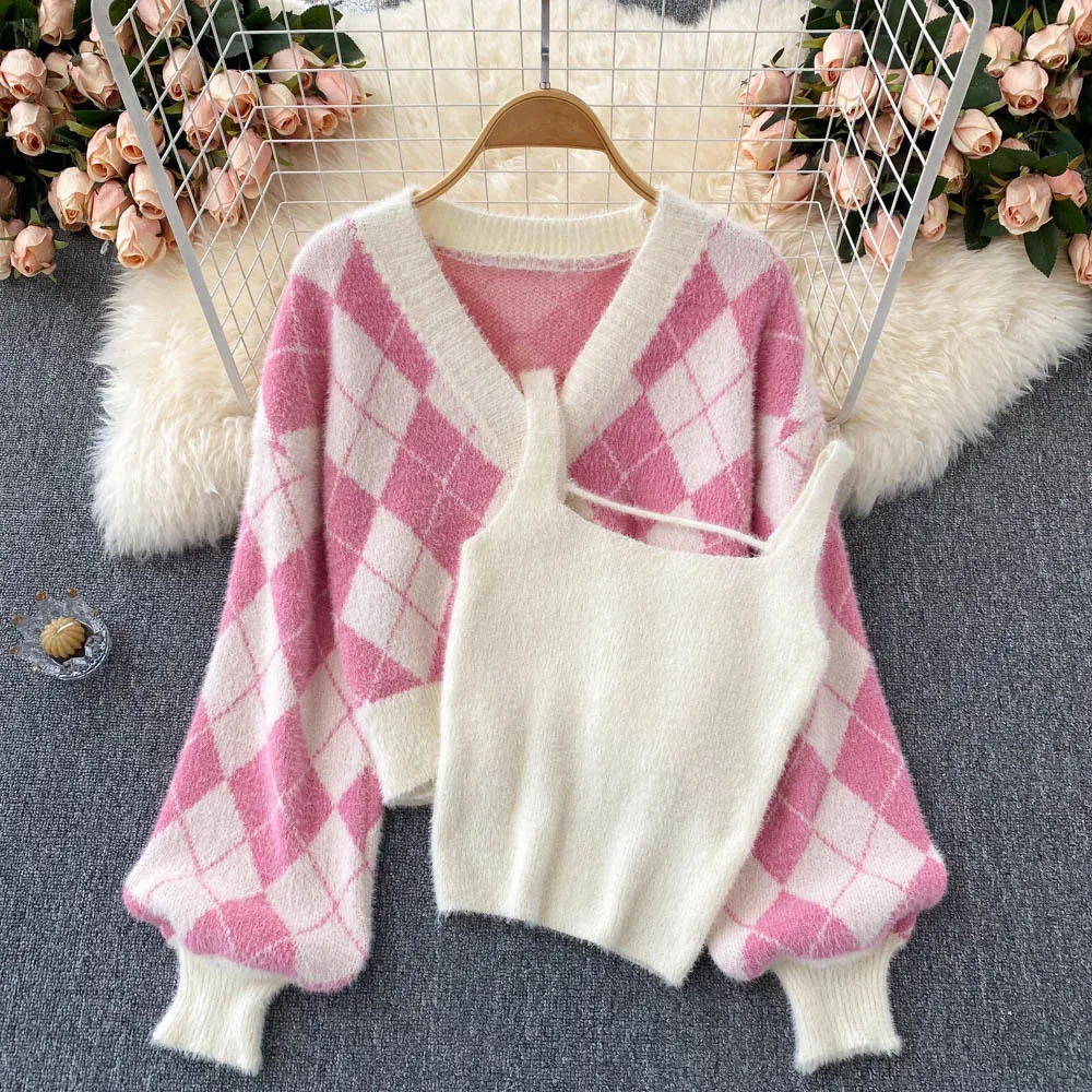 

Casual Women Knitted 2 Piece Set 2022 New Autumn Fashion Color Match Argyle Long Sleeve Sweater Cardigan with Knitting Camis Top