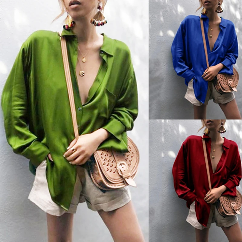 Women Blouse Elegant Wine Red Green Satin Shirt Turn Down Collar Longth Sleeve Female Formal Office OL Blouse Women Tops 
Women Blouse Elegant Wine Red Green Satin Shirt Turn Down Collar Longth Sleeve Female Formal Office OL Blouse Women Tops