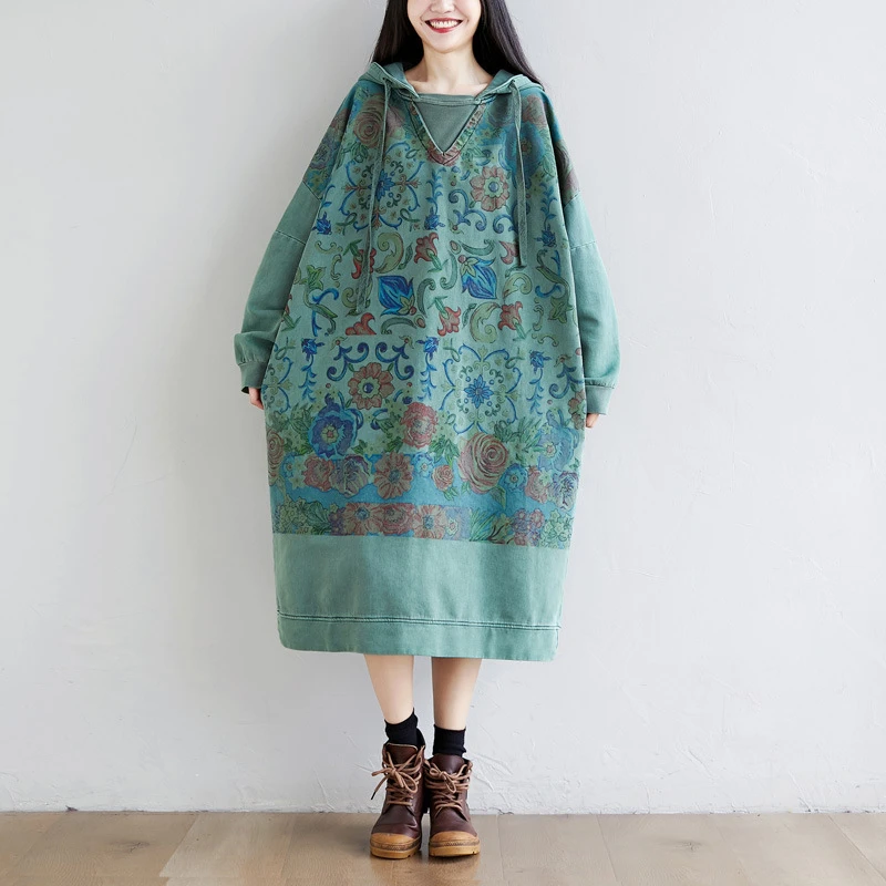 Print Hooded Dress Women Loose Casual Drawstring Dress Oversize Baggy Bat Sleeve Dress Plus Size Knitted Vintage Dress with cap
Print Hooded Dress Women Loose Casual Drawstring Dress Oversize Baggy Bat Sleeve Dress Plus Size Knitted Vintage Dress with cap