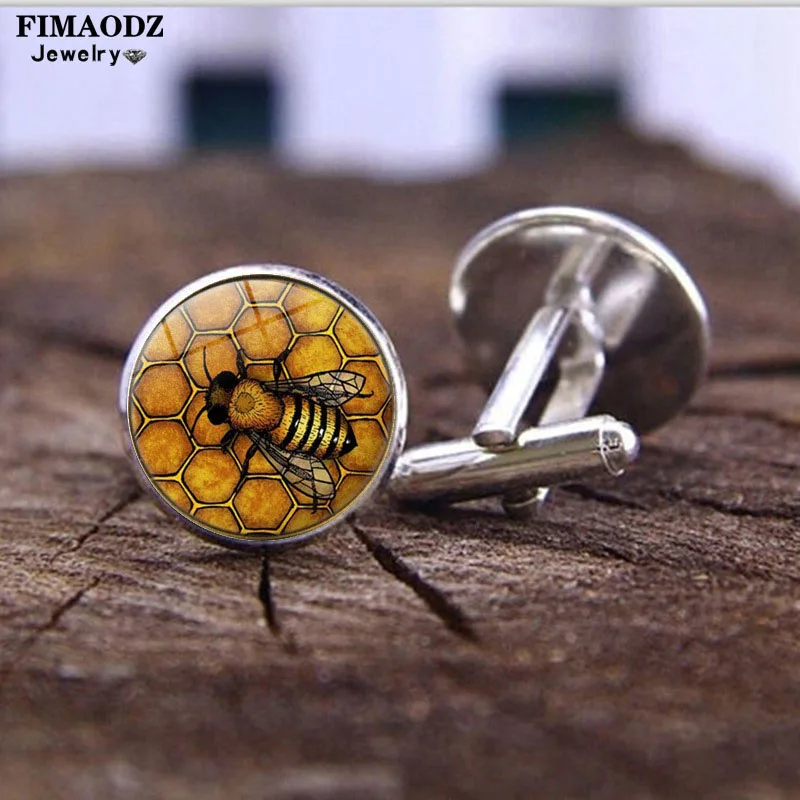 

FIMAODZ Vinrage Мёд Би запонки Мёд гребень в виде пчелиных сот с фото Стекло из нержавеющей стали, браслеты для кнопки-звенья