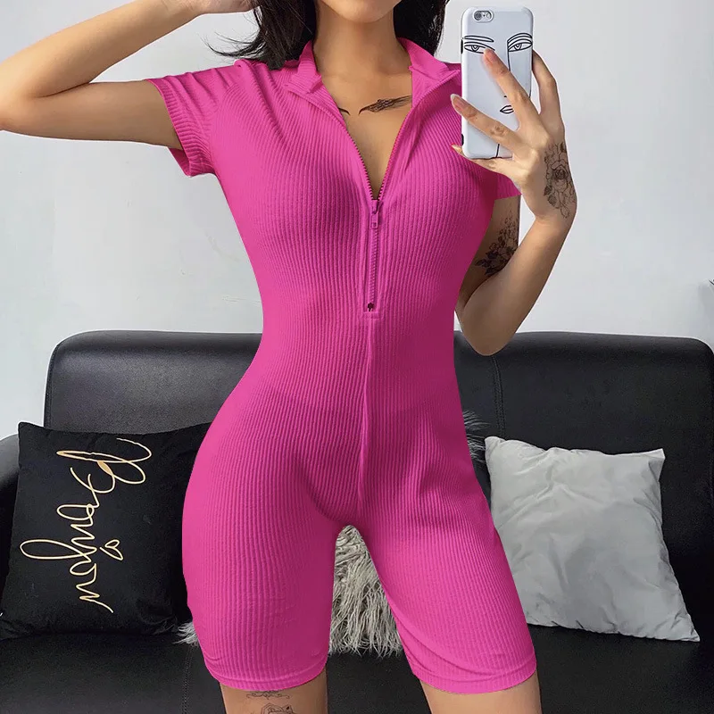 

Summer Knit Rib Body Fitness Playsuit Women Sexy Sporty Zipper V Neck Biker Shorts Bodycon Rompers Womens Jumpsuit Club Outfits