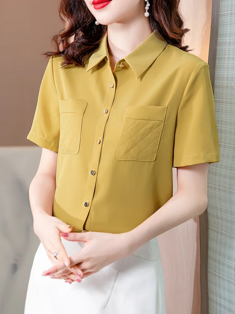 Chiffon Slim Women's Blouses New Casual Fashion Short Sleeve Tops Solid Color Pocket Buttons Polo Shirts Summer Houthion
Chiffon Slim Women's Blouses New Casual Fashion Short Sleeve Tops Solid Color Pocket Buttons Polo Shirts Summer Houthion