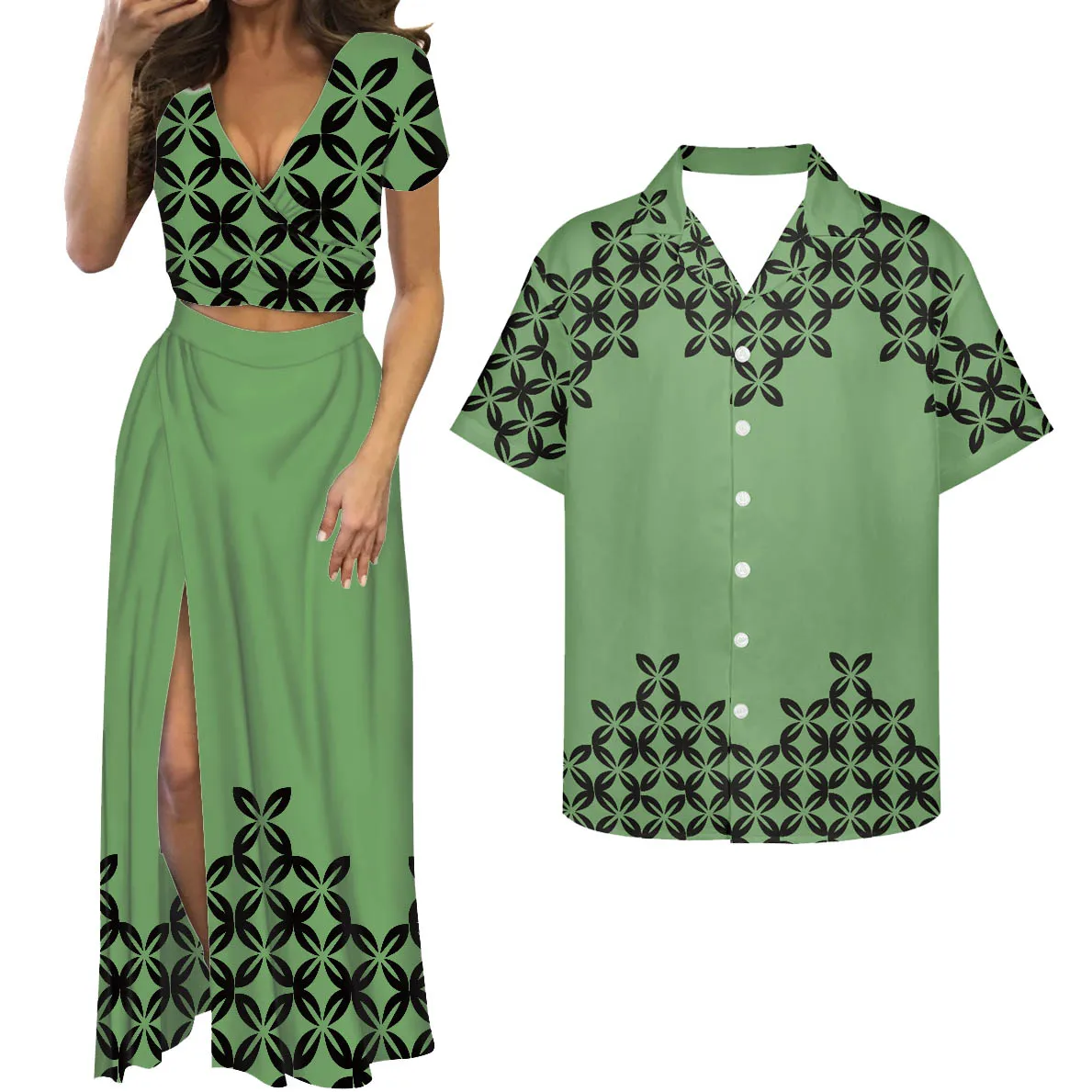 

HYCOOL Hawaiian High Waist Slit Skirt And Top Set Polynesian Traditional Tribal Fashion Party Green Skirt Long Skirts For Women