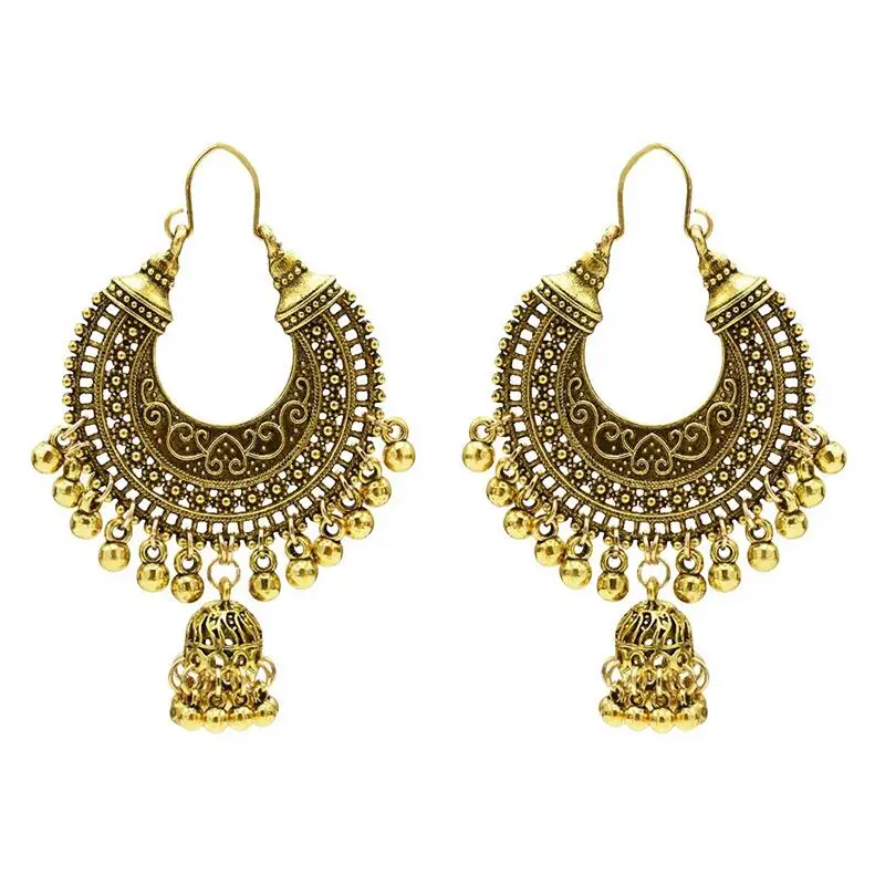 

Vintage Ethnic Gypsy Indian Earrings For Women Boho Jewelry Ladies Retro Round Bell Tassel Hollow Tassel Jhumka Earrings 2019