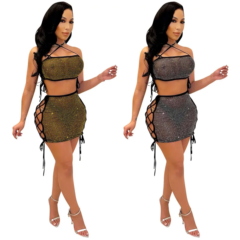 WUHE Diamonds Hot Drill Mesh See Though Women's Dress Set Two 2 Piece Halter Neck Crop Tops and Mini Skirts Suit Matching Set
WUHE Diamonds Hot Drill Mesh See Though Women's Dress Set Two 2 Piece Halter Neck Crop Tops and Mini Skirts Suit Matching Set
