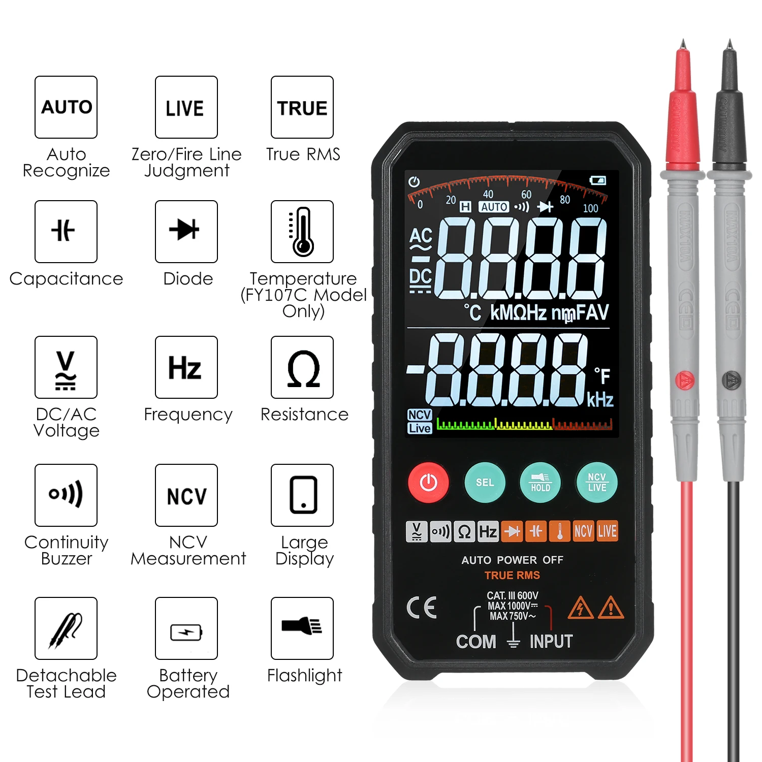 FY107C/FY107B Voltage Meter digital Multimeter AC/DC Voltage Resistance Capacitance Frequency NCV Test Temperature Measurement
FY107C/FY107B Voltage Meter digital Multimeter AC/DC Voltage Resistance Capacitance Frequency NCV Test Temperature Measurement