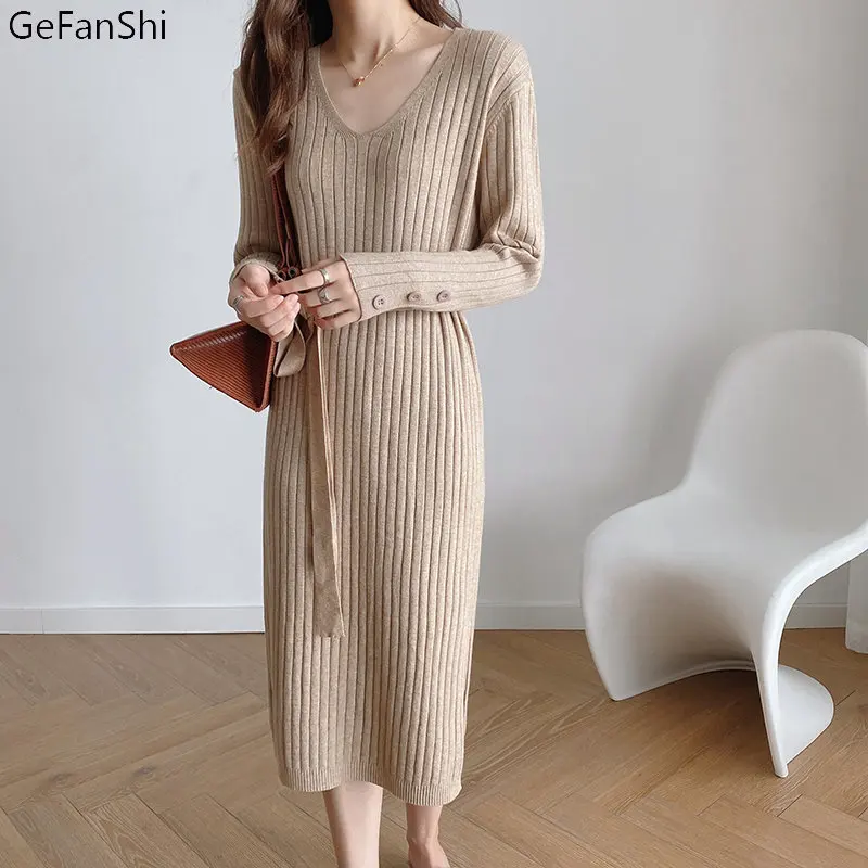 New 2022 Autumn Winter Women Dress Korean Vintage Knitted V-Neck Belt Casual Fashion Elegant Ladies Sweater Dresses Clothing
New 2022 Autumn Winter Women Dress Korean Vintage Knitted V-Neck Belt Casual Fashion Elegant Ladies Sweater Dresses Clothing